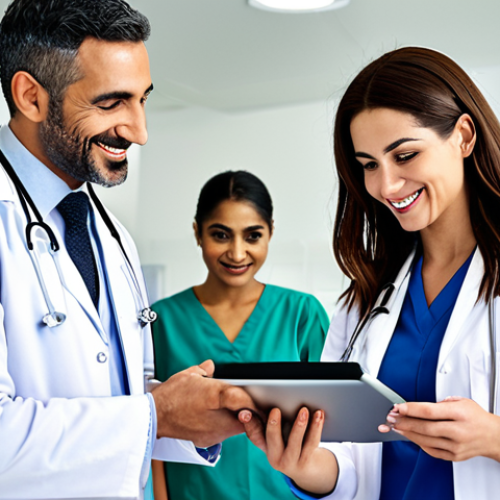 **

A diverse group of healthcare professionals (doctor, nurse, pharmacist) in a modern, well-lit clinic, smiling and collaborating around a digital tablet displaying a patient's electronic health record. Arabic script visible on the tablet screen. Focus on teamwork, technology, and compassionate patient care. Warm, inviting atmosphere.

**
