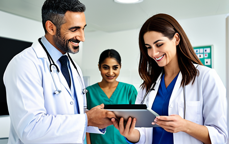**

A diverse group of healthcare professionals (doctor, nurse, pharmacist) in a modern, well-lit clinic, smiling and collaborating around a digital tablet displaying a patient's electronic health record. Arabic script visible on the tablet screen. Focus on teamwork, technology, and compassionate patient care. Warm, inviting atmosphere.

**