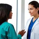 A compassionate female healthcare professional in a modest, professional white lab coat over appropriate medical scrubs, actively listening to a male patient who is fully clothed in casual, appropriate attire. They are in a clean, brightly lit modern clinic consultation room. The professional maintains warm eye contact and a reassuring expression, demonstrating active listening and empathy. The scene emphasizes trust, clear communication, and human connection. Professional photography, soft natural lighting, high resolution, perfect anatomy, correct proportions, natural pose, well-formed hands, proper finger count, natural body proportions, safe for work, appropriate content, fully clothed, professional, family-friendly.