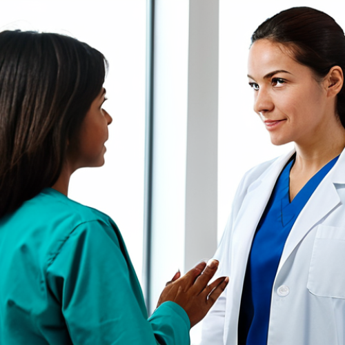 A compassionate female healthcare professional in a modest, professional white lab coat over appropriate medical scrubs, actively listening to a male patient who is fully clothed in casual, appropriate attire. They are in a clean, brightly lit modern clinic consultation room. The professional maintains warm eye contact and a reassuring expression, demonstrating active listening and empathy. The scene emphasizes trust, clear communication, and human connection. Professional photography, soft natural lighting, high resolution, perfect anatomy, correct proportions, natural pose, well-formed hands, proper finger count, natural body proportions, safe for work, appropriate content, fully clothed, professional, family-friendly.