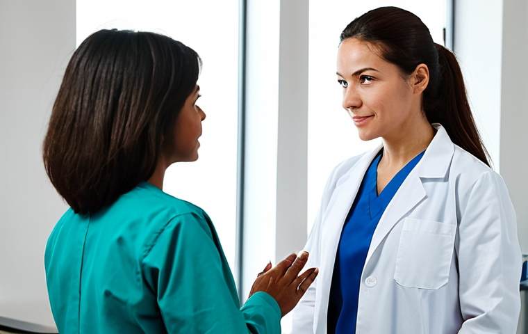 A compassionate female healthcare professional in a modest, professional white lab coat over appropriate medical scrubs, actively listening to a male patient who is fully clothed in casual, appropriate attire. They are in a clean, brightly lit modern clinic consultation room. The professional maintains warm eye contact and a reassuring expression, demonstrating active listening and empathy. The scene emphasizes trust, clear communication, and human connection. Professional photography, soft natural lighting, high resolution, perfect anatomy, correct proportions, natural pose, well-formed hands, proper finger count, natural body proportions, safe for work, appropriate content, fully clothed, professional, family-friendly.