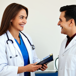 **

"A professional female doctor in a modest white coat, smiling warmly while consulting with a patient in a modern clinic setting, fully clothed, appropriate attire, safe for work, perfect anatomy, natural proportions, professional medical environment, high quality, family-friendly."

**