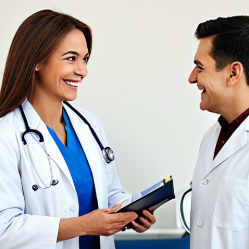 **

"A professional female doctor in a modest white coat, smiling warmly while consulting with a patient in a modern clinic setting, fully clothed, appropriate attire, safe for work, perfect anatomy, natural proportions, professional medical environment, high quality, family-friendly."

**