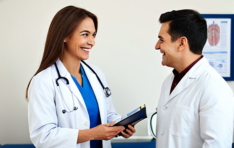 **

"A professional female doctor in a modest white coat, smiling warmly while consulting with a patient in a modern clinic setting, fully clothed, appropriate attire, safe for work, perfect anatomy, natural proportions, professional medical environment, high quality, family-friendly."

**