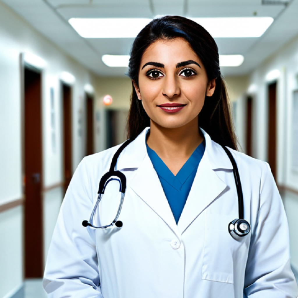 **

"A confident Arab female doctor, fully clothed in a professional lab coat, standing in a brightly lit modern hospital hallway, appropriate attire, safe for work, perfect anatomy, natural proportions, family-friendly, high-resolution photograph."

**