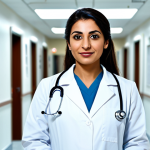**

"A confident Arab female doctor, fully clothed in a professional lab coat, standing in a brightly lit modern hospital hallway, appropriate attire, safe for work, perfect anatomy, natural proportions, family-friendly, high-resolution photograph."

**
