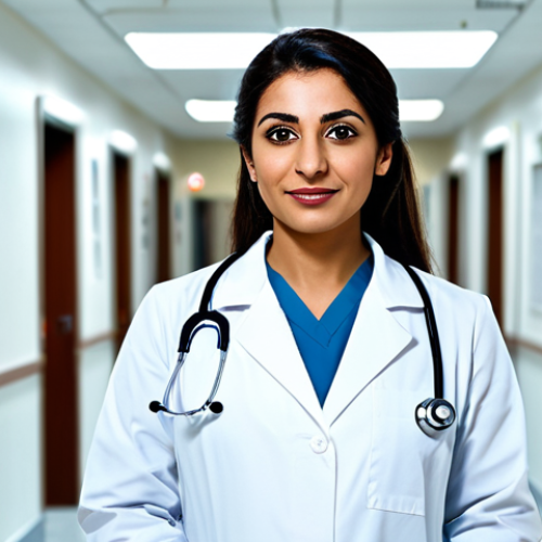 **

"A confident Arab female doctor, fully clothed in a professional lab coat, standing in a brightly lit modern hospital hallway, appropriate attire, safe for work, perfect anatomy, natural proportions, family-friendly, high-resolution photograph."

**