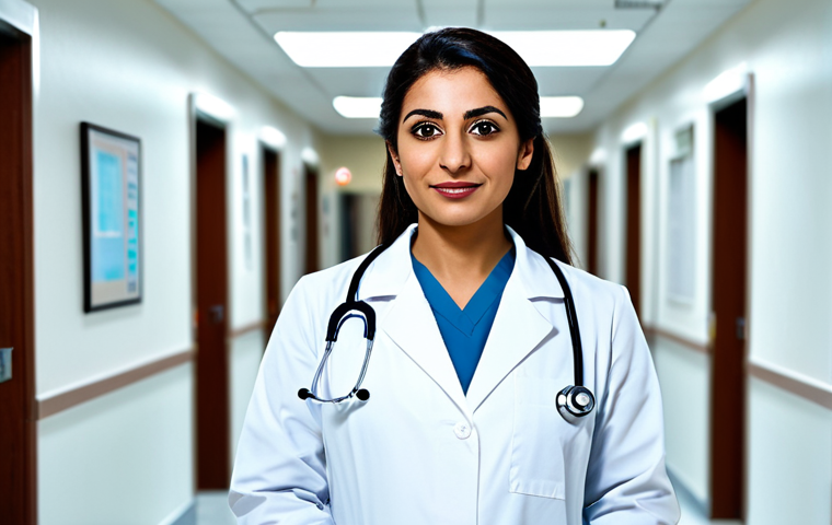 **

"A confident Arab female doctor, fully clothed in a professional lab coat, standing in a brightly lit modern hospital hallway, appropriate attire, safe for work, perfect anatomy, natural proportions, family-friendly, high-resolution photograph."

**