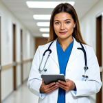 건강관리사 실무 경험 쌓는 법 - **

A confident female doctor in a pristine, modern hospital hallway. She is wearing a professional ...