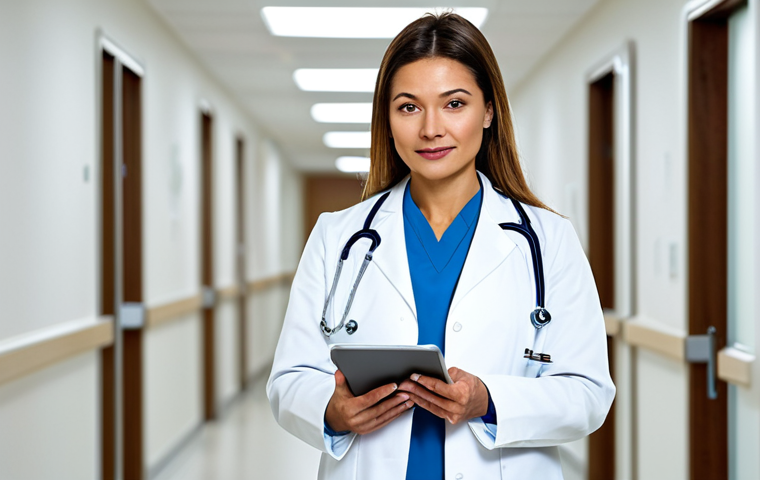 건강관리사 실무 경험 쌓는 법 - **
A confident female doctor in a pristine, modern hospital hallway. She is wearing a professional ...
