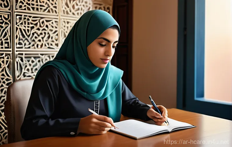 건강관리사 시험 응시료 및 예산 관리 - **Prompt 1: Dedicated Aspiring Doctor Studying**
    "A determined young Arab woman, wearing a styli...