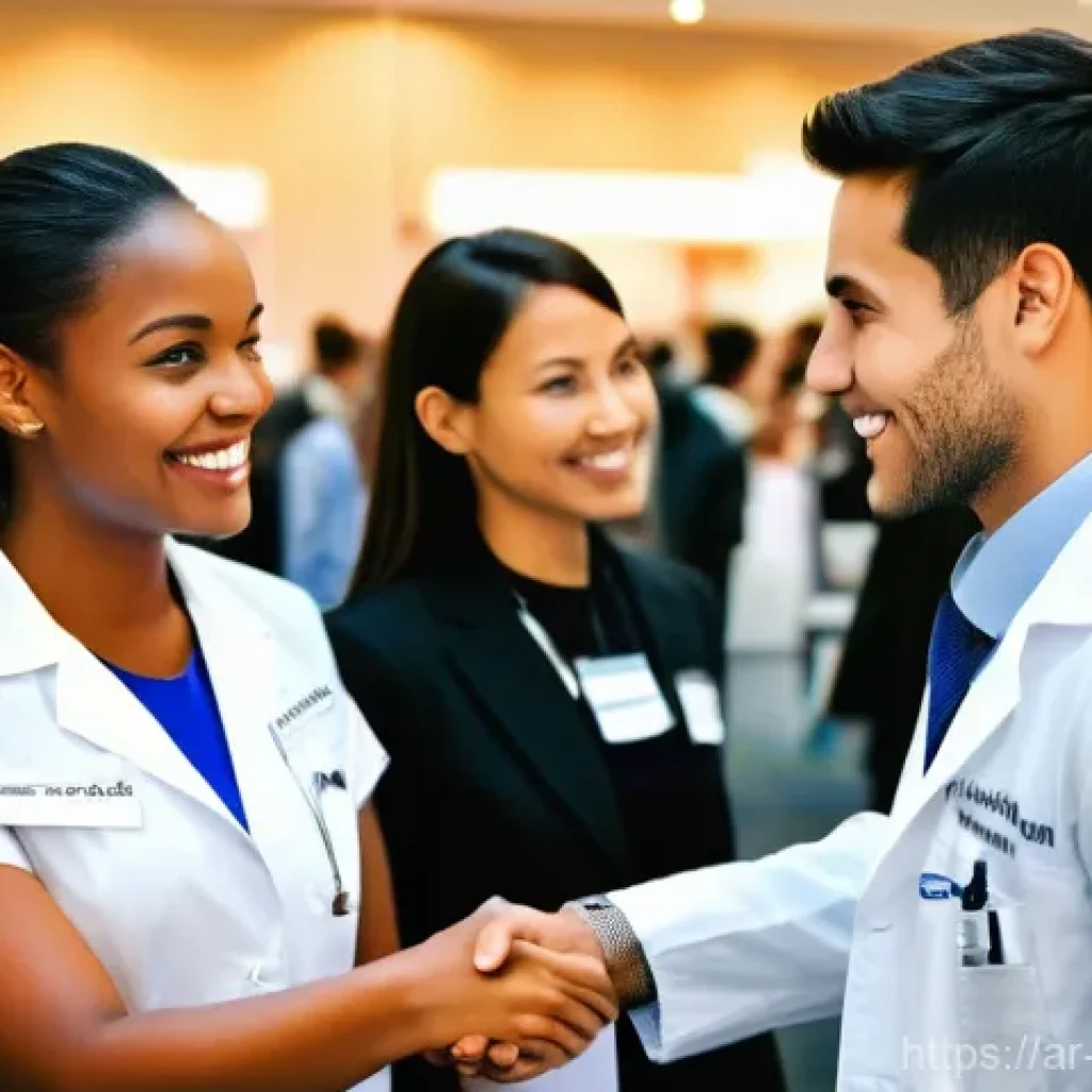 건강관리사와 관련된 취업 박람회 - **"A bustling and brightly lit healthcare career fair in a modern convention center. Diverse young p...
