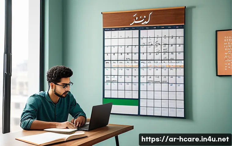 건강관리사 학습법과 모의고사 활용법 - A modern study room scene featuring a young Arab student organizing a flexible timetable on a large ...