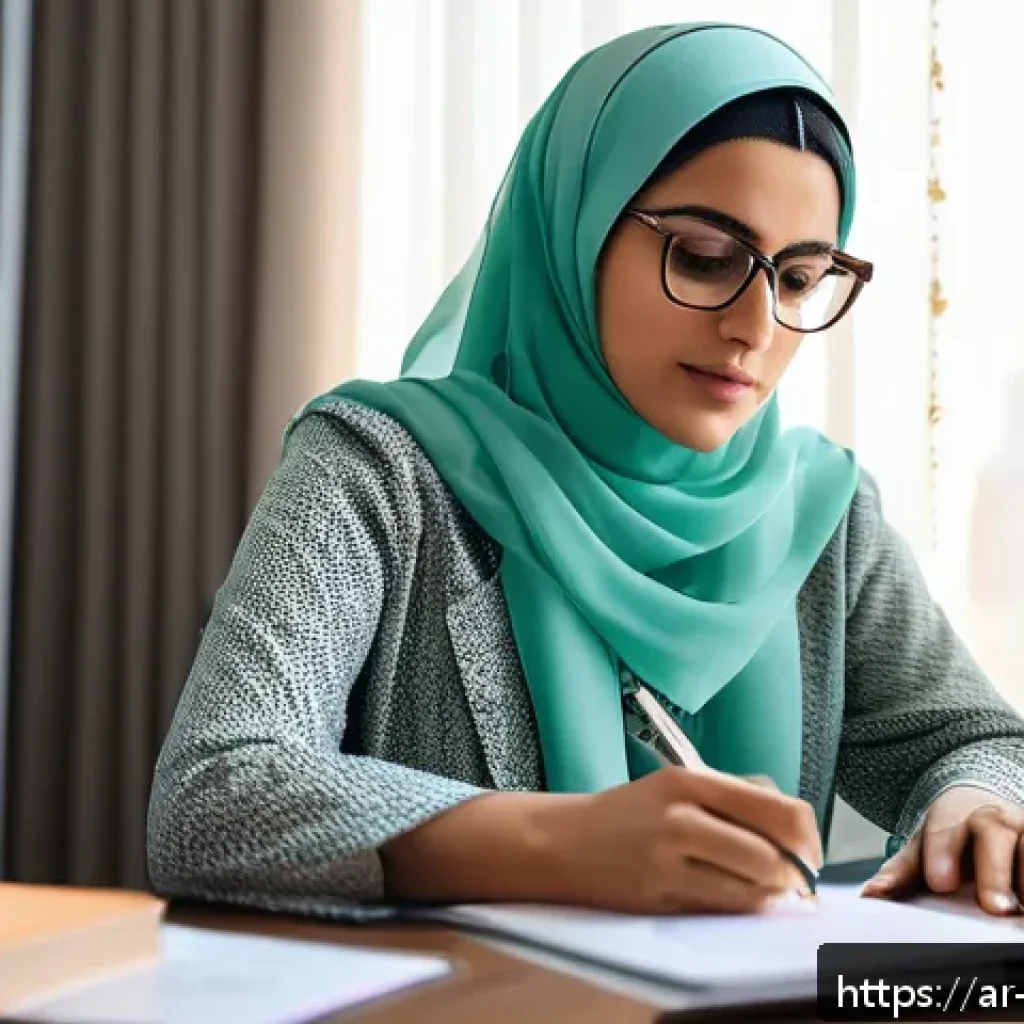 건강관리사 자격증 시험 후기 인터뷰 - A focused Arab professional woman studying for a health management certification exam at a modern ho...