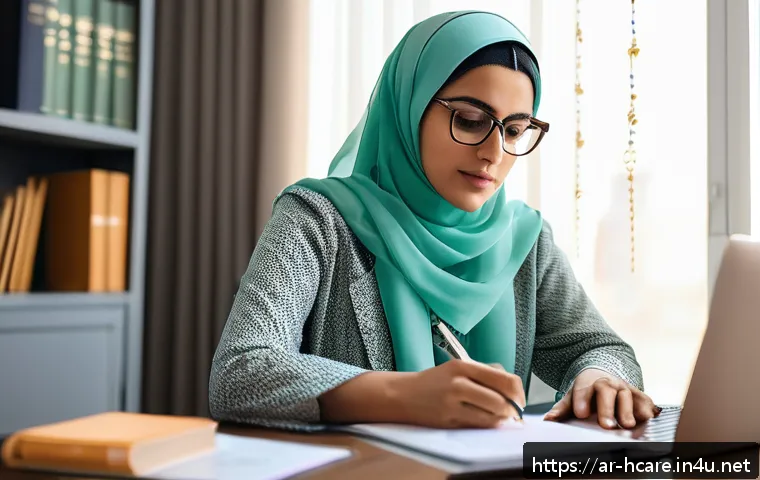 건강관리사 자격증 시험 후기 인터뷰 - A focused Arab professional woman studying for a health management certification exam at a modern ho...