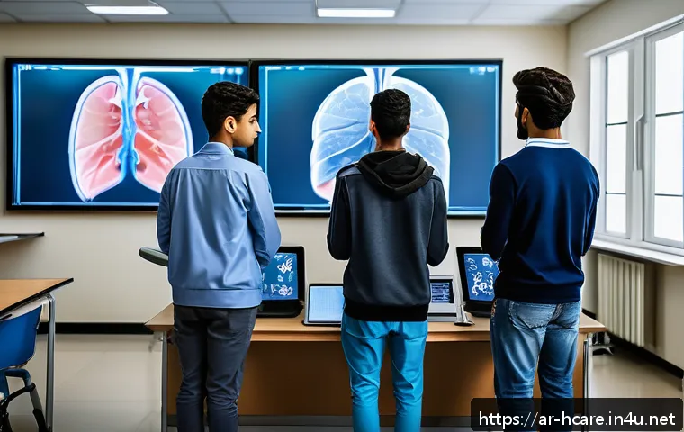 건강관리사 필수 중점과목 정리 - A detailed medical classroom scene in a modern Middle Eastern university, featuring a diverse group ...