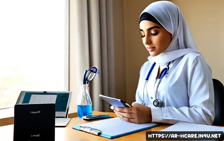 건강관리사 자격증 시험일정 공지 - Photorealistic healthcare certification exam preparation scene in a modern Arab home office, a young...